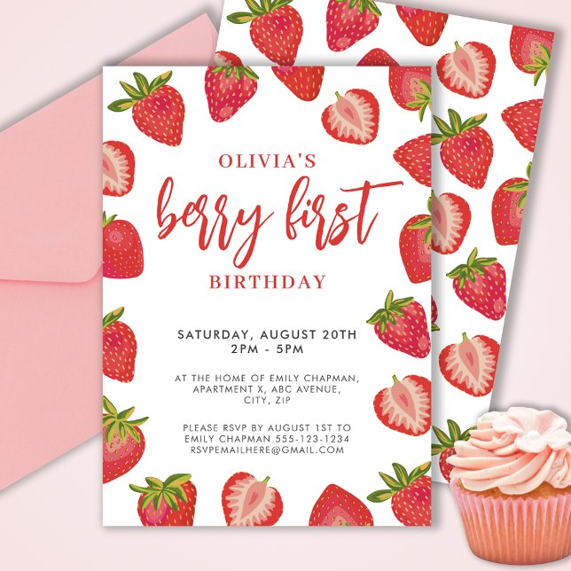 Convite Girls Berry First Morberry festa de aniversário (Cute girls Berry First strawberry birthday party invitation.  Customize with your own event details.)