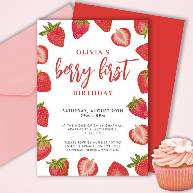 Convite Girls Berry First Morberry festa de aniversário (Cute girls Berry First strawberry birthday party invitation.  Customize with your own event details.)