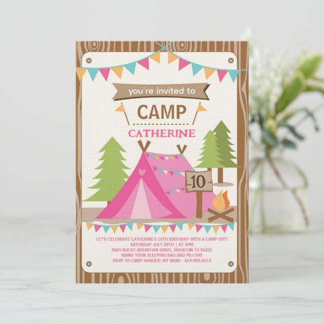 Convite Girls Birthday Party Camping Birthday Party (Em pé/Frente)