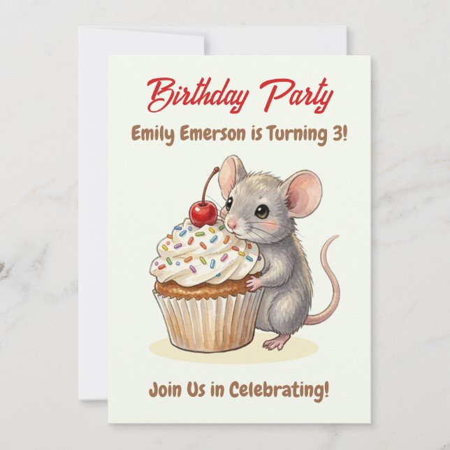 Convite Girl's Birthday Party | Mouse & Cupcake Themed (Frente)