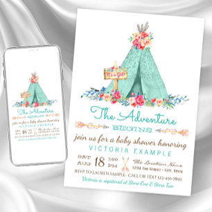 Convite Girls Boho TeePee Baby Shower Invants