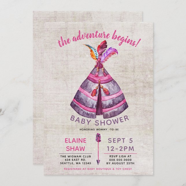 Convite Girls Boho TeePee Baby Shower Invants (Frente/Verso)