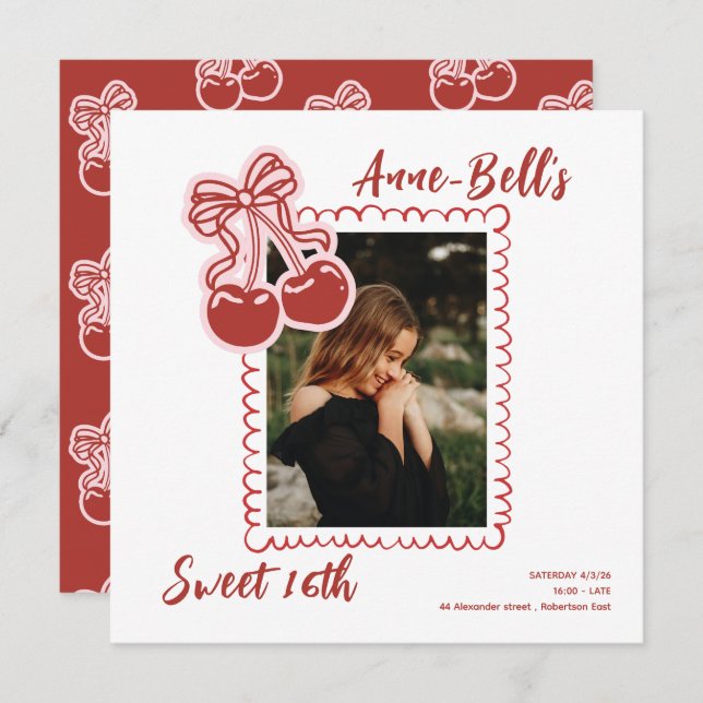 Convite Girls Cherry Sweet 16th Birthday Invitation (Frente/Verso)