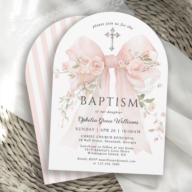 Convite Girl's Christian Baptism Pink Floral Bow (Available in both printed and instant download digital formats.)