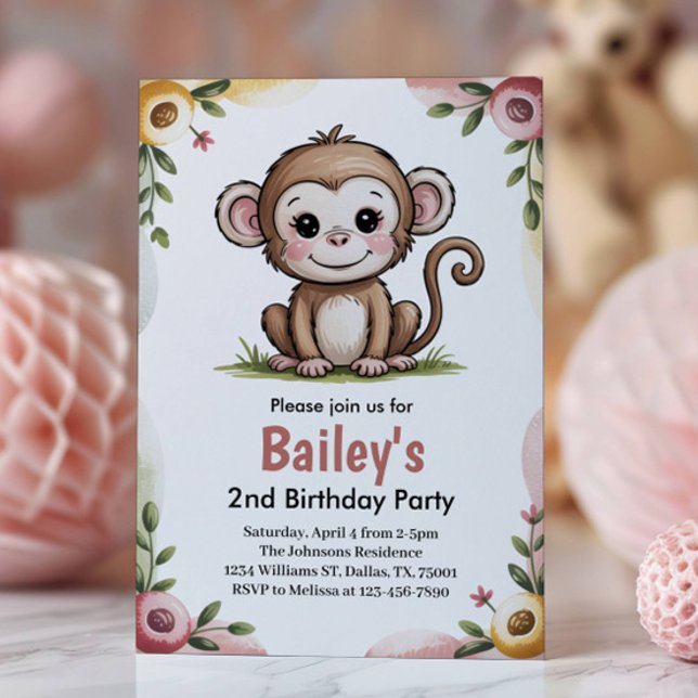 Convite Girls Cute Monkey Jungle Birthday Party (Criador carregado)