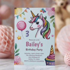 Convite Girls Cute Pastel Unicorn aniversário de 3 anos