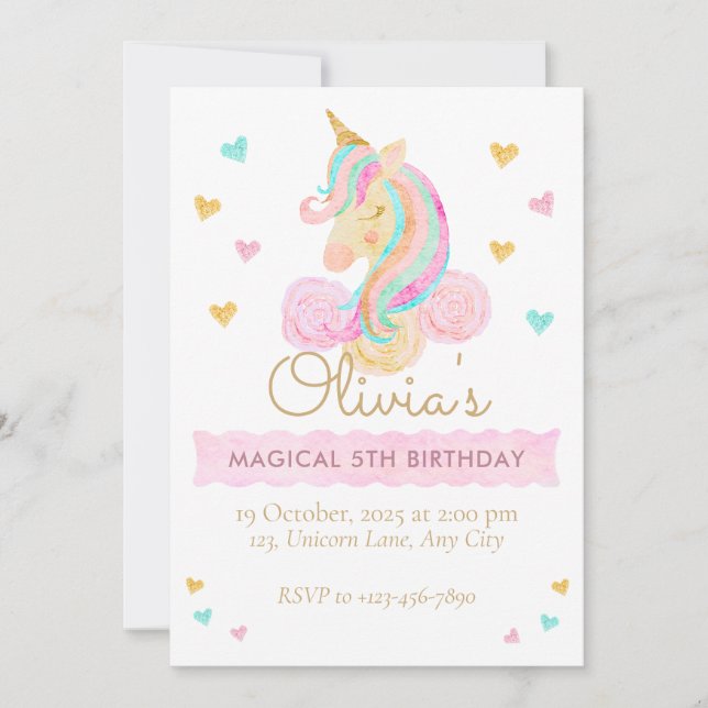 Convite Girls Cute Pastel Unicorn Magical Birthday (Frente)