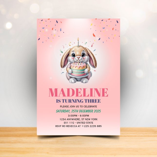 Convite Girls Cute Pink Bunny Cake Birthday Invitation (Criador carregado)