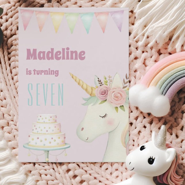 Convite Girls Cute Pink Unicorn Seventh Birthday (Criador carregado)