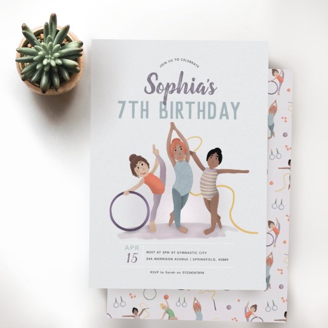 Convite Girls Cute Purple Gymnastics 7 Birthday (Criador carregado)