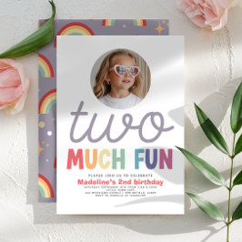 Convite Girls Cute Two Much Fun Rainbow Photo 2nd Birthday