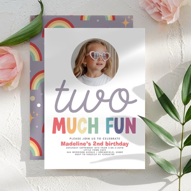 Convite Girls Cute Two Much Fun Rainbow Photo 2nd Birthday (Criador carregado)