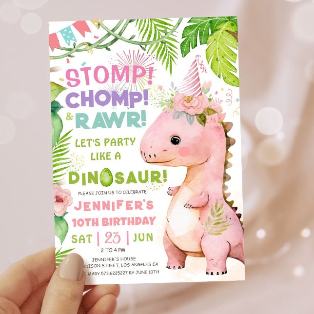 Convite Girls Dinossaur 10th Festa de aniversário Cute Pin (#DinosaurBirthdayInvitation #DinosaurBirthdayInvite #GirlDinosaurBirthdayInvitation
)