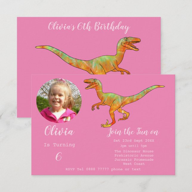 Convite Girls Dinossaur Birthday Velociraptor Party Pink (Frente/Verso)
