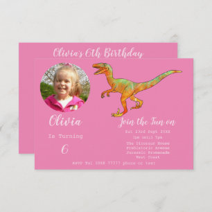 Convite Girls Dinossaur Birthday Velociraptor Party Pink
