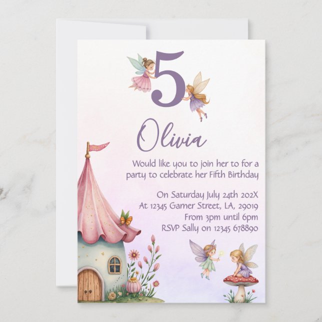 Convite Girls Fairy 5th Birthday Party Invitation (Frente)