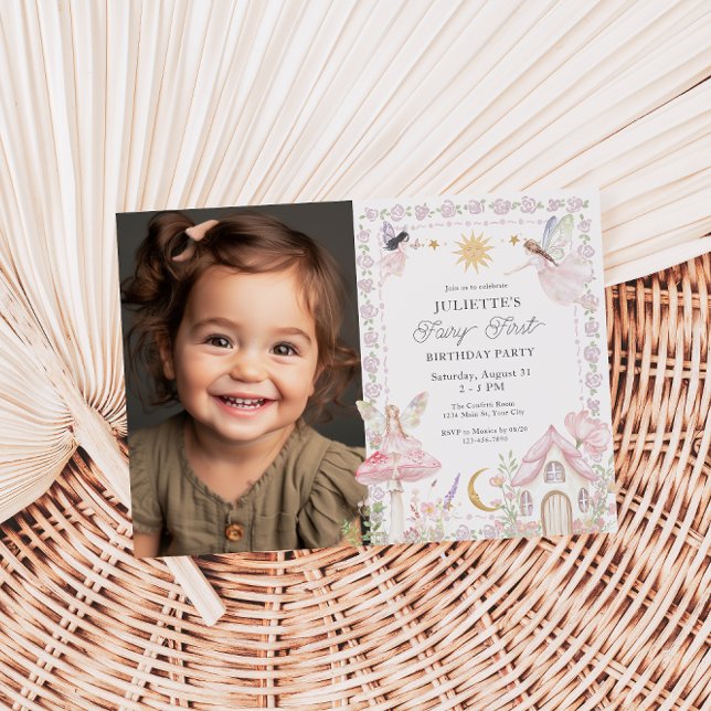 Convite Girls Fairy First Magical Garden Foto de Aniversár (Girls Fairy First Photo Birthday Invite)