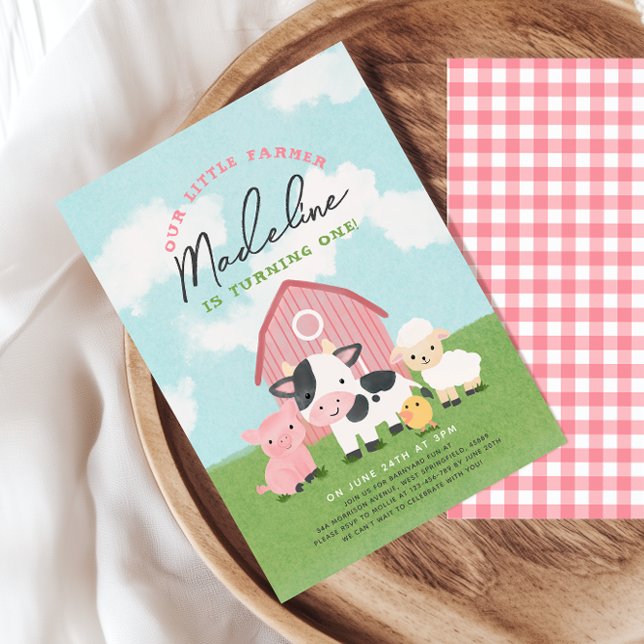 Convite Girls Farm Animal Barnyard Birthday Invitation (Criador carregado)