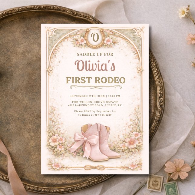 Convite Girl's First 1st Rodeo Pink Bow Birthday (Criador carregado)