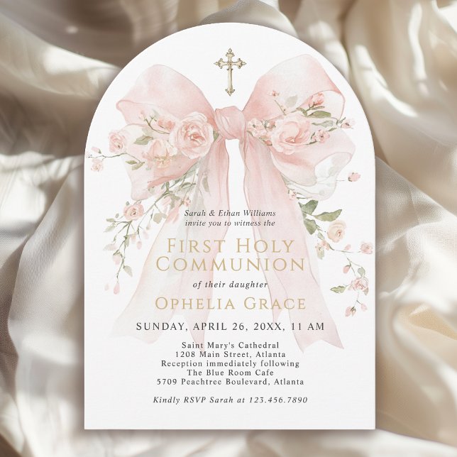 Convite Girl's First Communion Pink Floral Bow Arched (May be ordered in both printed and instant download digital formats.)
