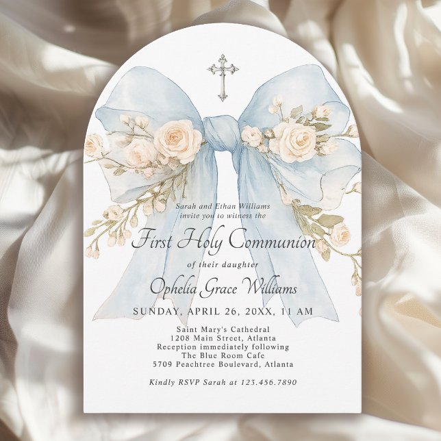 Convite Girl's First Holy Communion Dusty Blue Floral Bow (Invitation may be ordered in both printed and instant download digital formats.)