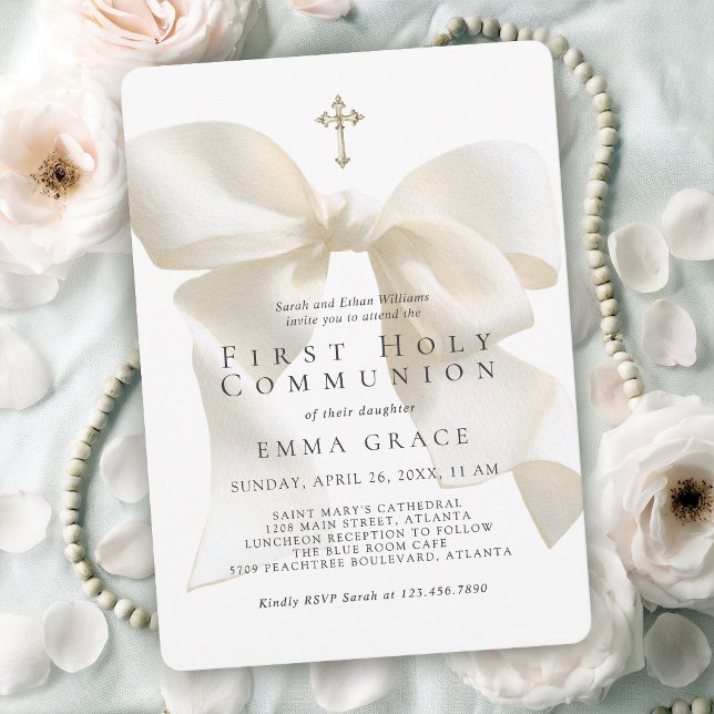 Convite Girl's First Holy Communion Elegant Ivory Bow (Invitation may be ordered in both printed and digital formats.)