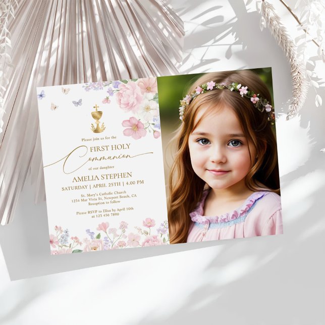 Convite Girl's First Holy Communion Pastel Floral Photo (Criador carregado)