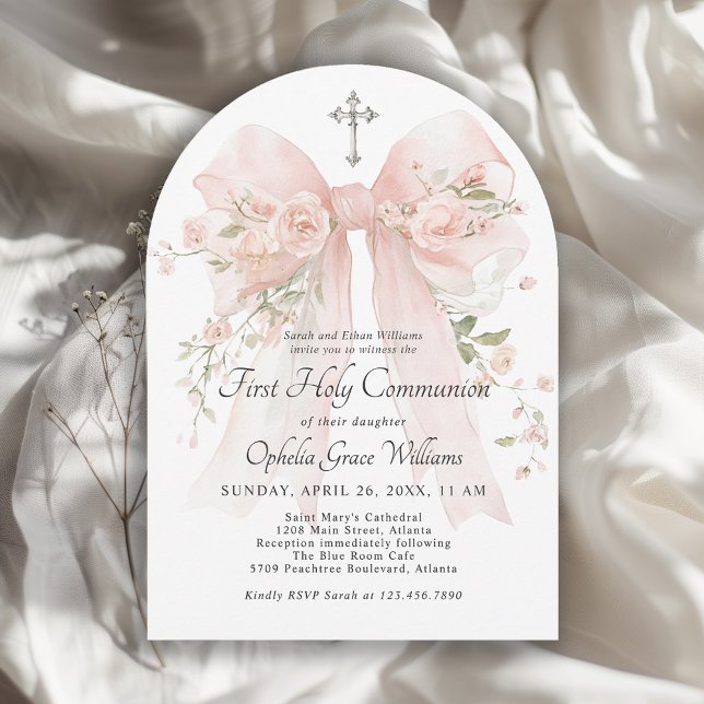 Convite Girl's First Holy Communion Pink Floral Bow (Available in both printed and instant download digital formats.)