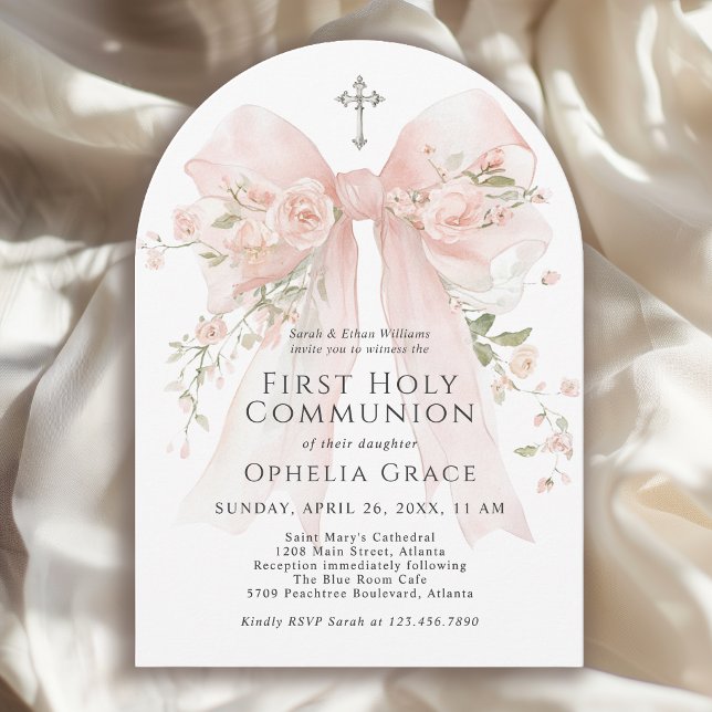 Convite Girl's First Holy Communion Pink Floral Bow Arched (May be ordered in both printed and instant download digital formats.)