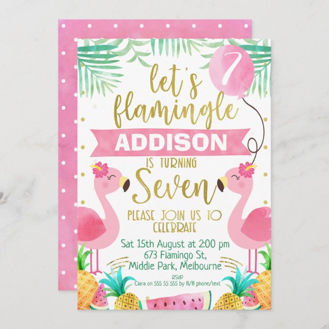 Convite Girls flamingo balões no sétimo aniversário (Frente/Verso)