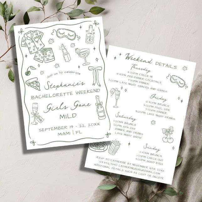 Convite Girls Gone Mild Bachelorette Party Itinerary Sage (Criador carregado)