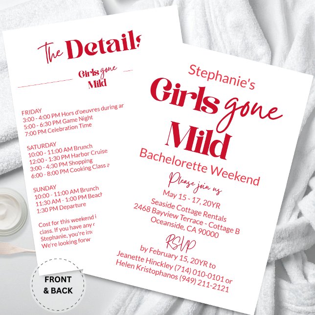 Convite Girls Gone Mild Classic Bachelorette Beach Weekend (Customized Elegant Calligraphy Girls Gone Mild White Bachelorette Beach Weekend Itinerary Invitation)