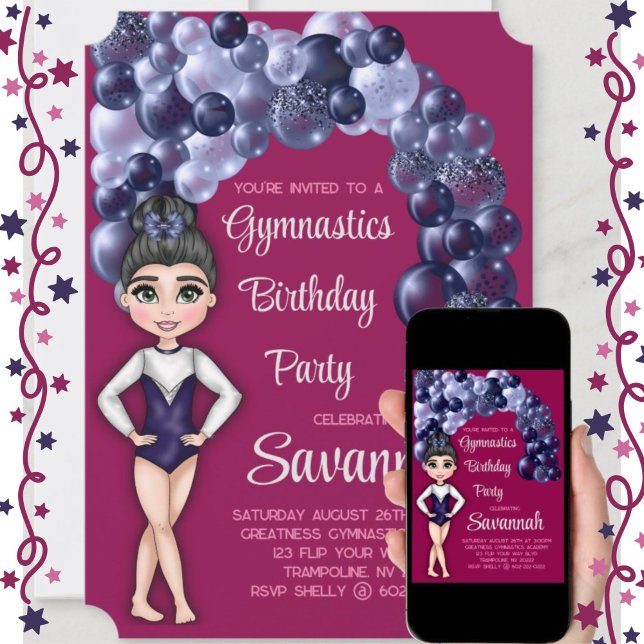 Convite Girls Gymnastics Festa de aniversário Blue e Magen (Beautiful Gymnastics Girls Birthday Party Invitation with blue sparkle balloon arch)