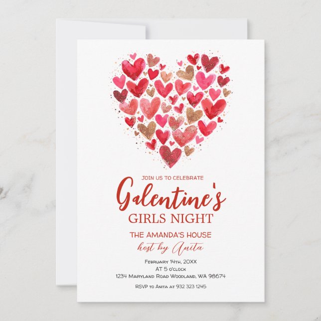 Convite Girls hearts Galentine’s Night Party Valentine (Frente)