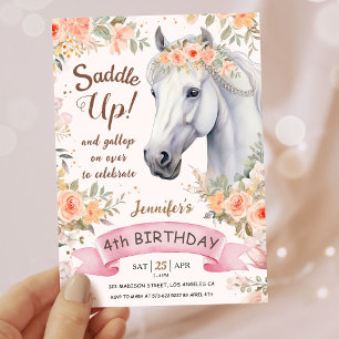 Convite Girls Horse 4º Aniversário Saddle Floral Rosa Rosa