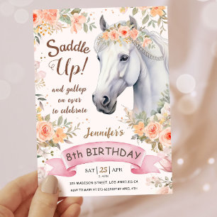 Convite Girls Horse 8º Aniversário Saddle Floral Rosa Rosa