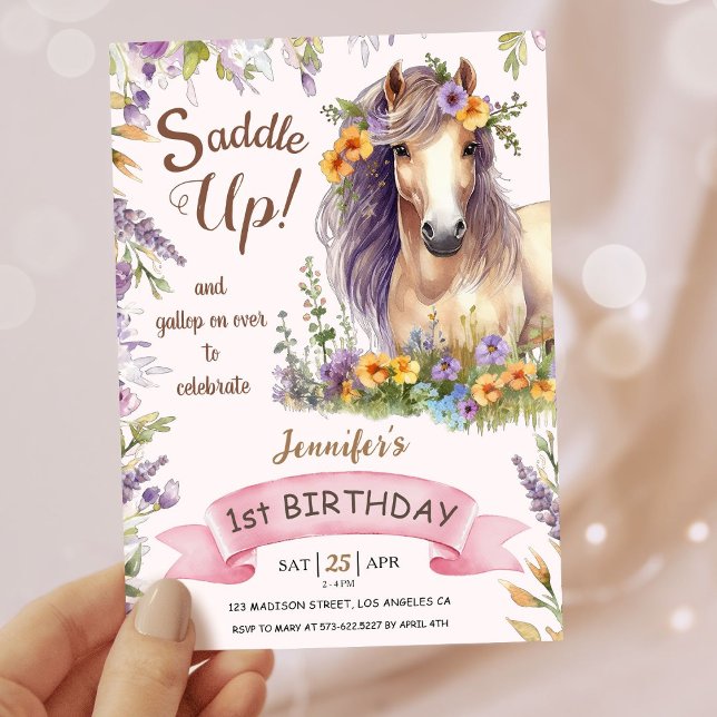 Convite Girls Horse primeiro aniversario Roxo Saddle Flora (Criador carregado)