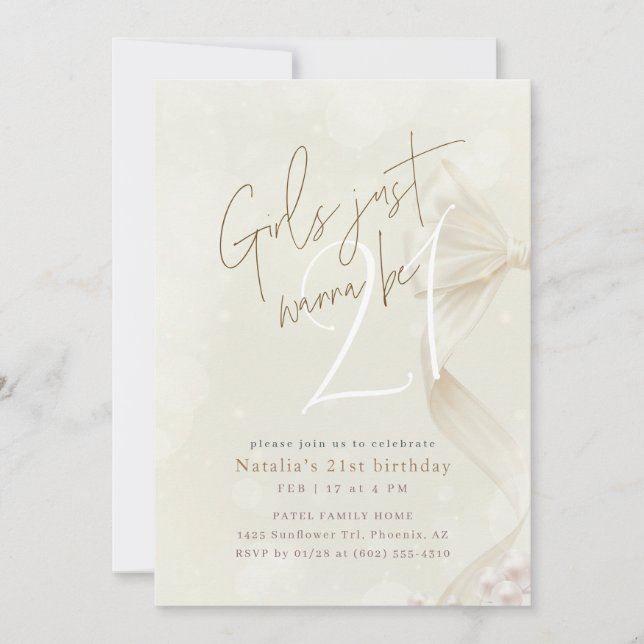 Convite Girls Just Wanna Be 21 | Bow Coquette Birthday (Frente)