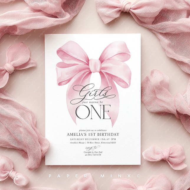 Convite Girls just wanna be ONE 1st Birthday Pink Bow  (Pink Bow Invite | Girls 1st birthday party)