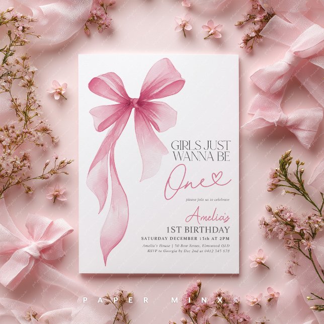 Convite Girls just wanna be ONE! 1st Birthday Pink Bow (Girl's just wanna be one! Pink Bow 1st birthday party invitation)