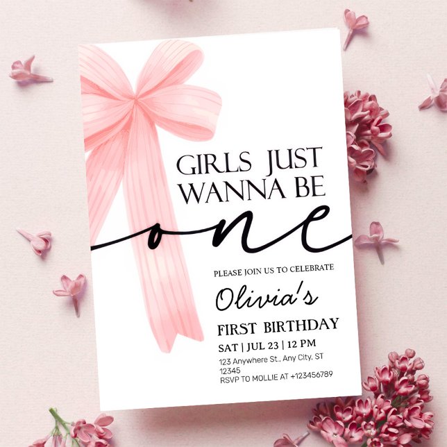 Convite Girls Just Wanna Be One Pink Bow 1st Birthday (Criador carregado)