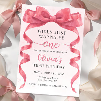 Convite Girls Just Wanna Be One Pink Bow 1st Birthday
