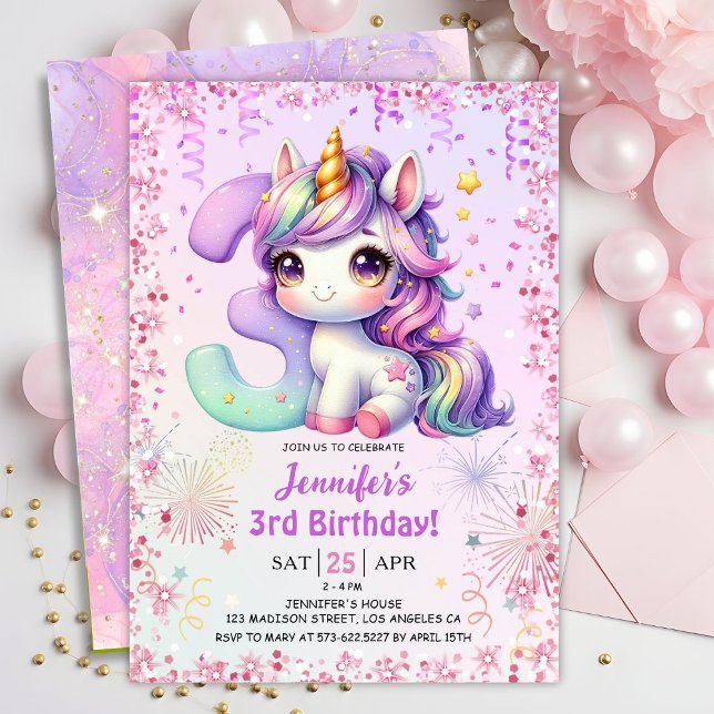 Convite Girls Magical Unicorn aniversário de 3 anos (Criador carregado)