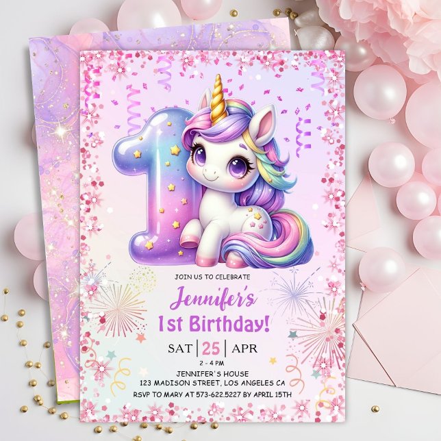 Convite Girls Magical Unicorn Party - primeiro aniversario (Criador carregado)
