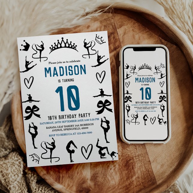 Convite Girls Modern Black Gymnastics Kids 10th Birthday (Girls Modern Black Gymnastics Kids 10th Birthday Invitation)