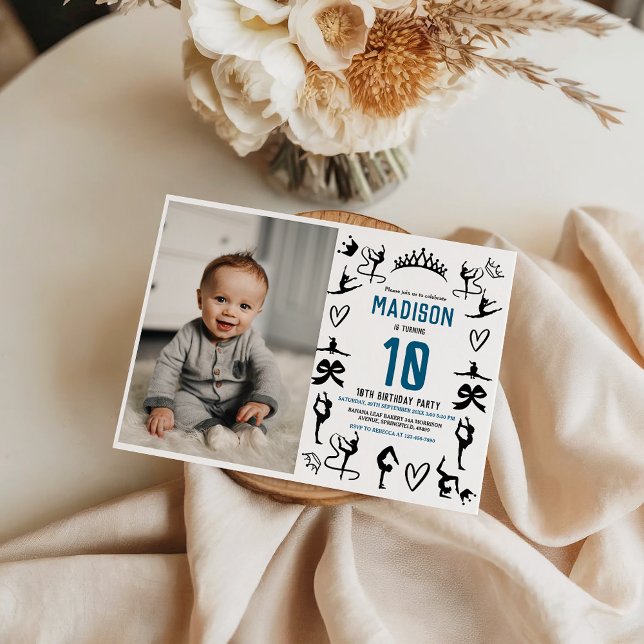 Convite Girls Modern Black Gymnastics Kids 10th Birthday (Girls Modern Black Gymnastics Kids 10th Birthday Invitation
)