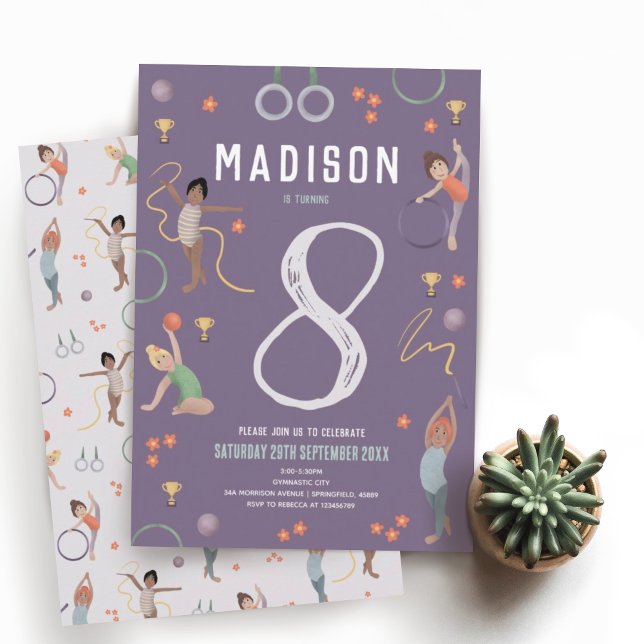 Convite Girls Modern Purple Gymnastics Aniversário de cria (Criador carregado)