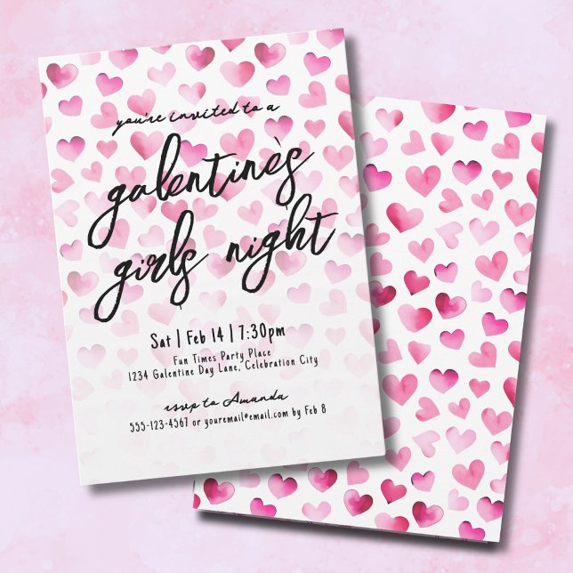 Convite Girls Night Watercolor Hearts Galentine's Day (Girls Night Watercolor Hearts Galentine's Day Invitation)