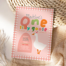 Convite Girls One Silly Goose Pink Gingham First Birthday