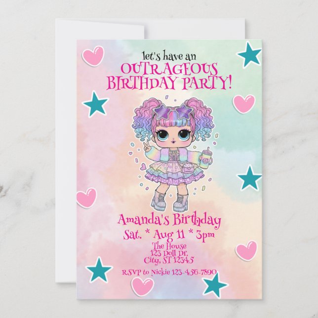 Convite Girls Outrageous Birthday, doll, hearts, stars (Frente)
